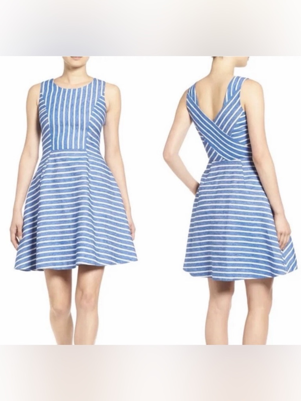 Vineyard Vines Linen Blend Fit and Flare Dress 4 Seersucker Blue White Stripe